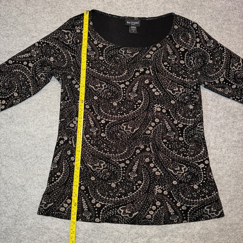 BAY STUDIO Half Sleeve Top M Black Beige Paisley Glitter - Picture 5 of 5
